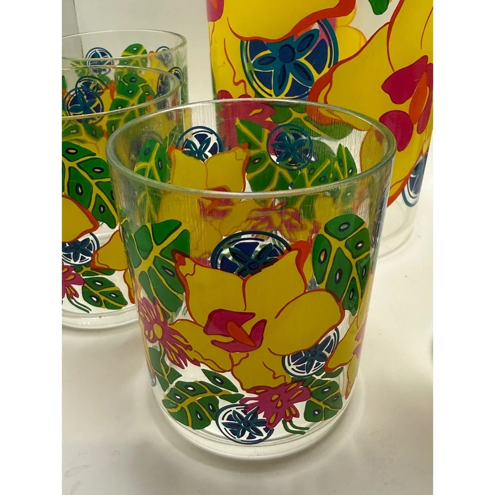 Vtg Tropical Floral Acrylic Pitcher and 6 Tumbler Set Multicolor Summer Retro